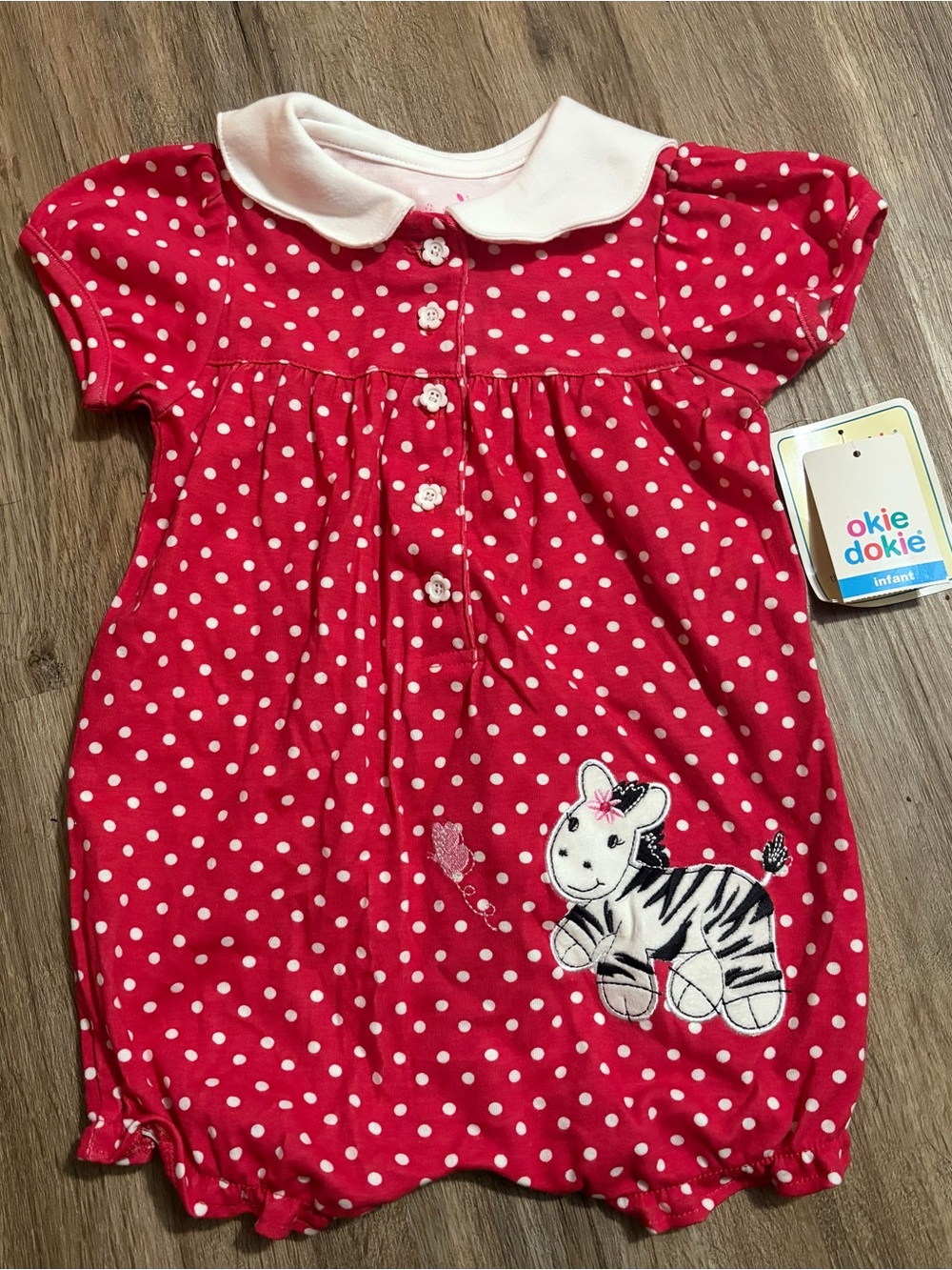Okie Dokie - Red Polka Dot Romper w/ Zebra & Butterfly Appliqué - Size 12 Months